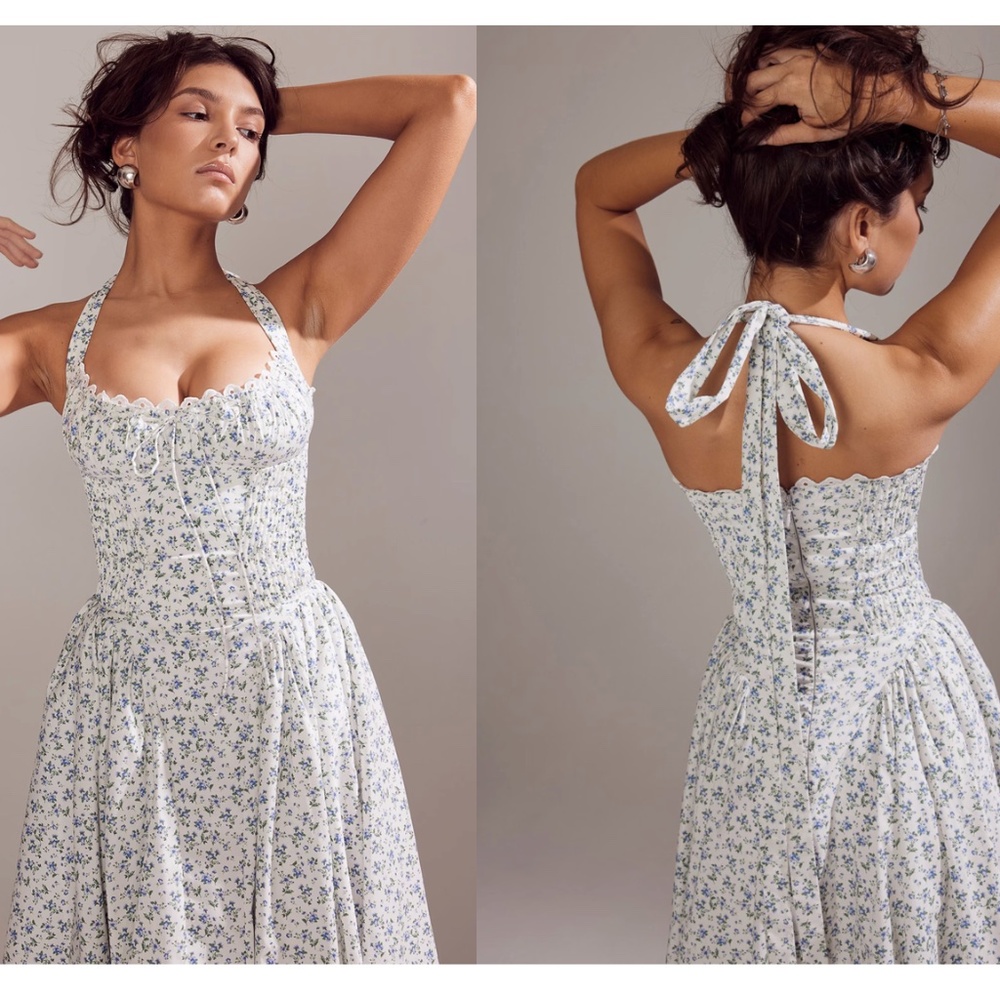 HOUSE OF CB size XS   'Adabella' White Blue bell Print Cotton Halter Sundress